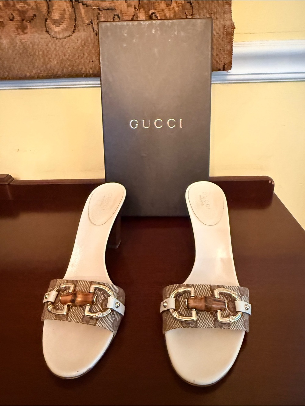 Gucci Brown Canvas Horsebit Slide Mules with Gold Hardware
